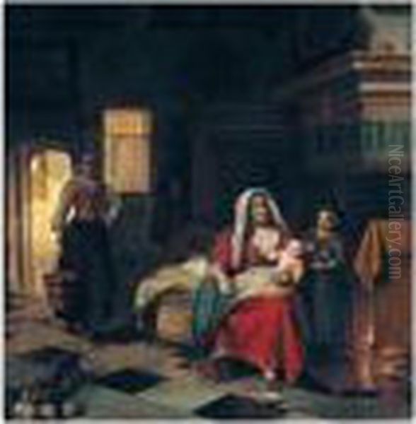 A Domestic Interior With A
Mother Nursing Her Children Before A Fireplace, A Maid Carrying A Pail
Of Water Behind - view 1