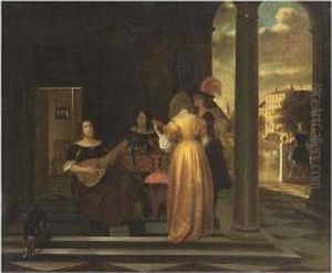 An Elegant Company Making Music In A Vestibule, With A View Of A City Beyond by Pieter De Hooch