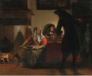 An Interior With Two Gentlemen And A Woman Beside A Fire