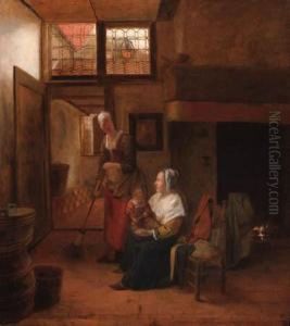 A Mother And Child With A Serving Woman In An Interior, A Hallwaybeyond