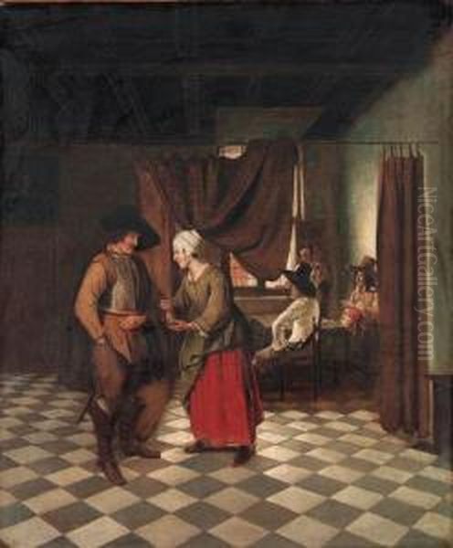 An Interior With A Soldier Paying A Servant - view 1