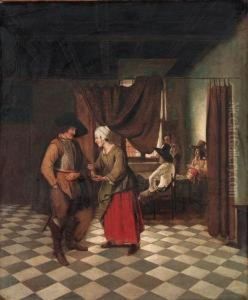An Interior With A Soldier Paying A Servant by Pieter De Hooch