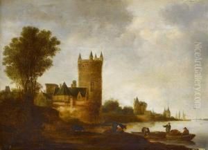 Flusslandschaft Vor Einer Kleinen Stadt Mit Fischern
