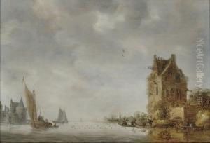 A River Landscape With Fishermen Attending Their Nets by Reinier Van Der Laeck