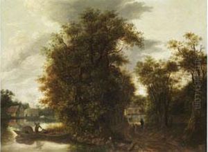 Abendliche Baumlandschaft Mit Fluss Und Gebaude Imhintergrund by Reinier Van Der Laeck