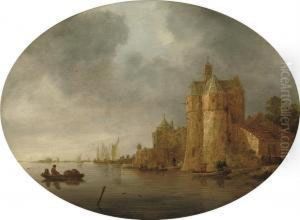 A River Landscape With Figures
In Rowing Boats Near A Tower On Theoutskirts Of A Walled Town by Reinier Van Der Laeck