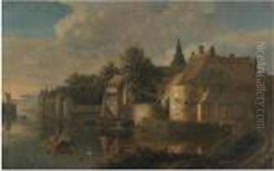 A River Landcape With Figures In Boats Before A Fortified Town by Reinier Van Der Laeck