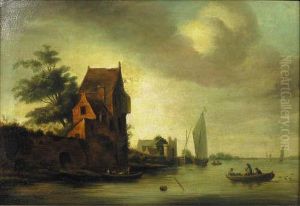 A River Scene With Figures In Boats by Reinier Van Der Laeck