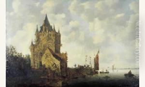 Forteresse Medievale Devant Un Paysage Fluvial