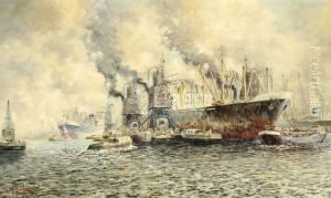 Ships In The Rotterdam Harbour by Jan De Jong