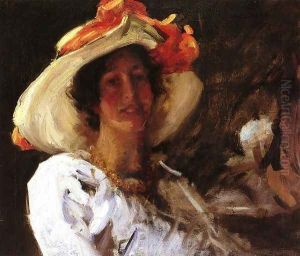 Portrait Of Clara Stephens Wearing A Hat With An Orange by William Merritt Chase