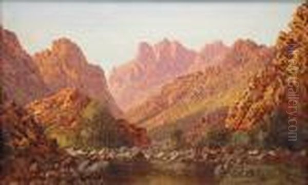 Solbelyst Bergslandskap, I 
Forgrunden Vattendrag. Motiv Fran Sydafrika. Signerad. Duk, 31x50 - view 1