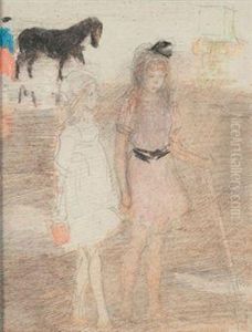 Deux Fillettes Sur La Plage by Johan Antonio de Jonge