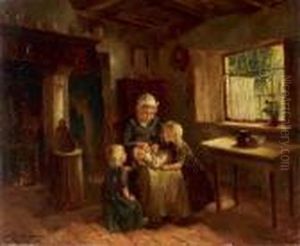 Junge Mutter Mit Ihren Kindern In Der Kuche by Johan Antonio de Jonge