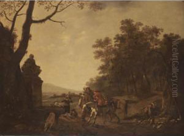 A Hunting Party Resting Beside A Fountain In A Wooded Landscape - view 1