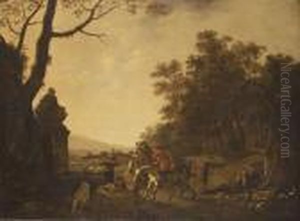 Hunting Party Resting Beside A Fountain In A Wooded Landscape - view 1