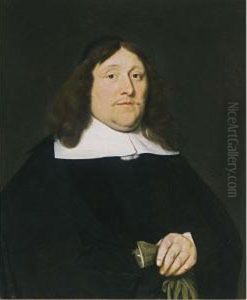A Portrait Of A Gentleman, Half
Length, Wearing A Black Costume With White Collar And Black Beret,
Holding Gloves In His Left Hand; A Portrait Of His Wife, Half Length,
Wearing A Black Dress With White Lace Collar, Cuffs And Bonnet, Holding A
Fan by Ludolf de Jongh