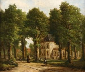 Landscape Withtrees And Some Peasants In A Lane Near A White House