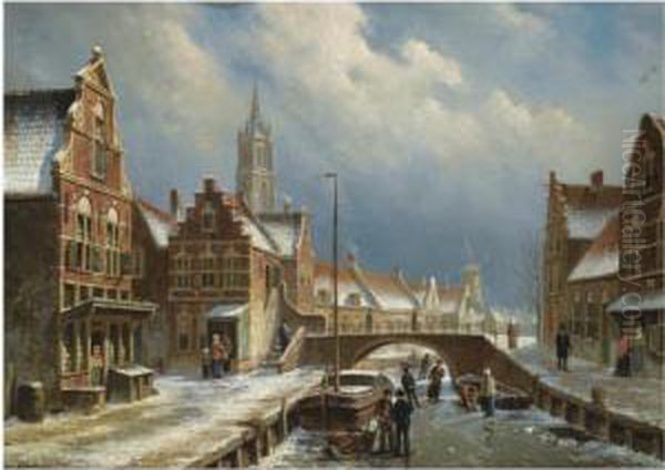 Figures On A Frozen Canal In A Dutch Town - view 1