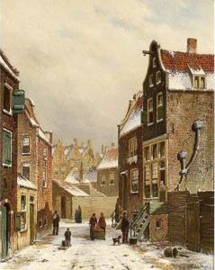 Villagers In A Snowy Dutch Town by Oene Romkes De Jongh