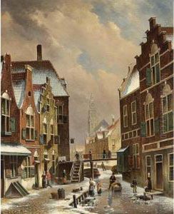 A Dutch Town In Winter With Figures On A Frozen Canal by Oene Romkes De Jongh