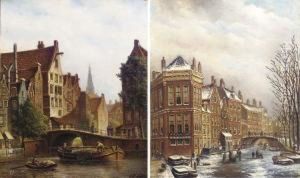 A Dutch Canal Scene In Summer; And Figures On A Frozen Canal In Adutch Town by Oene Romkes De Jongh
