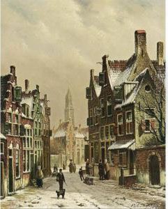 A Snowy Street Scene by Oene Romkes De Jongh