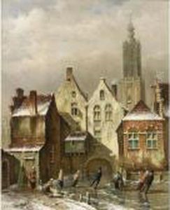 A View Of A Dutch Town With Skaters On A Frozen Canal by Oene Romkes De Jongh