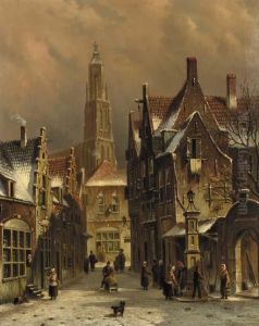 Numerous Townsfolk In A City In Winter by Oene Romkes De Jongh