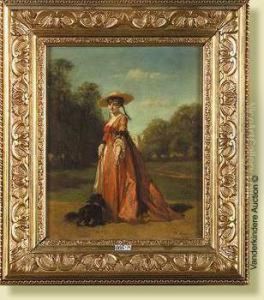 Elegante Et Son Chien Dans Un Parc by Gustave Leonhard de Jonghe