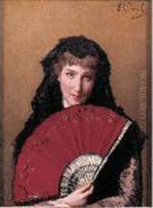 Femme A L'eventail Rouge, Circa 1870 by Gustave Leonhard de Jonghe