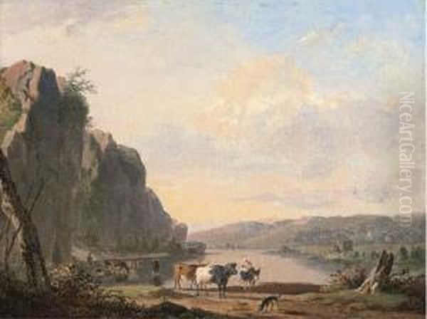 A Mountainous Landscape With Cattle Watering By A River - view 1