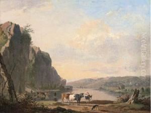 A Mountainous Landscape With Cattle Watering By A River by Jan Baptiste de Jonghe