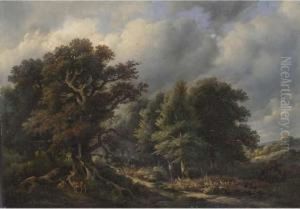 Deer In A Wooded Landscape by Jan Baptiste de Jonghe