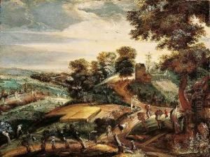Landschaft Mit Bauern Bei Der Feldarbeit.