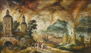Aenaes Fleeing Burning Troy With Anchises And Ascanius