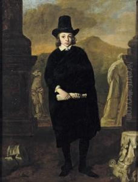 Portrait Of A Young Man,
Full-length, In A Black Costume And Hat, Standing Amongst Classical
Sulpture, A Landscape Beyond - view 1