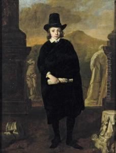 Portrait Of A Young Man, 
Full-length, In A Black Costume And Hat, Standing Amongst Classical 
Sulpture, A Landscape Beyond