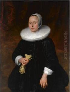 A Portrait Of A Lady, Standing
Three-quarter Length, Wearing A Black Dress With A Mill-stone Collar And
A White Bonnet, Holding Gloves by Thomas De Keyser
