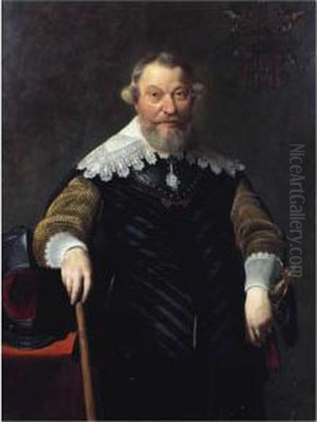 A Portrait Of Wembrich Van 
Berchem (1581-1653), Rear-admiral Of Holland And West-friesland, 
Standing Three-quarter Length, Wearing A Gorget And A Black Costume With
 Gold Sleeves, Next To A Table With A Helmet - view 1