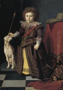 Portrait Of A Young Boy In An Interior With His Dog by Thomas De Keyser