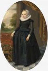 A Portrait Of A Lady, Standing
Full-length, Wearing A Black Dress With Lace Collar And Bonnet, Holding
Gloves, Near A Table Draped With A Persian Carpet by Thomas De Keyser