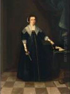 A Portrait Of A Gentleman, 
Standing Full-length In A Loggia, Wearing A Black Suit With A White Lace
 Collar;a Portrait Of A Lady, Standing Full-length In An Interior Next 
To A Table, Wearing A Black Dress, With A Lace Collar, Holding A Watch 
And A  by Thomas De Keyser