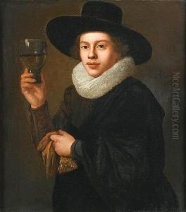 Portrait Of A Gentleman, Small
Half-length, In Black Costume With A Ruff And A Black Hat, Holding
Gloves And A Roemer by Thomas De Keyser