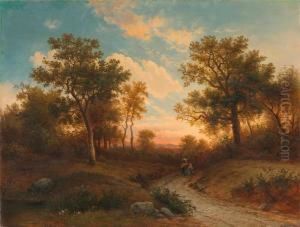 Waldlandschaft Mit Mutter Und Kind Im Abendrot. Waldlandschaft Mit Mutter Und Kind Im Abendrot.