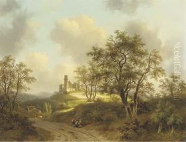 Figures Resting On A Country Road In A Wooded Landscape - view 1