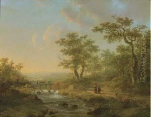 A Peasant Woman And Child On A Wooded Path By A Forest