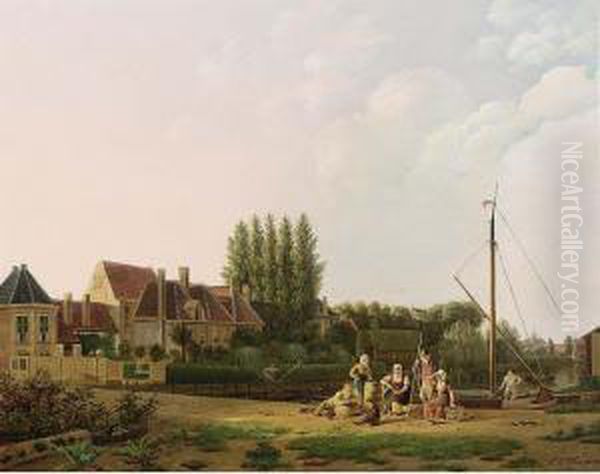 A Summer Landscape With Villagers On The Waterfront - view 1