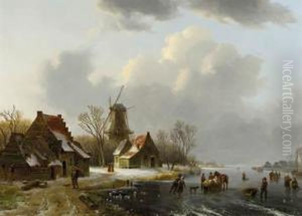 A Winterlandscape With Peasants
On A Frozen Waterway, With Farmhouses And A Windmill Beyond - view 1