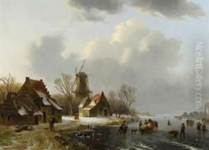 A Winterlandscape With Peasants 
On A Frozen Waterway, With Farmhouses And A Windmill Beyond by Willem De Klerk
